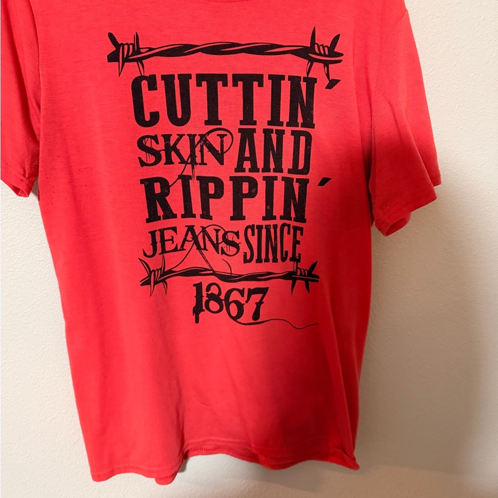Red Graphic Tee with Black Print - 'Cuttin Skin and Rippin'